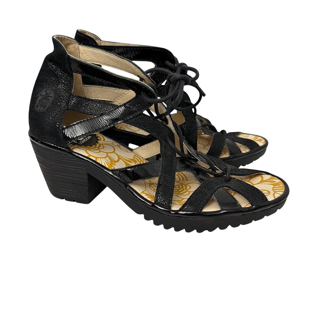 Fly London Want Sandals Womens Size 7 Gladiator Black Patent Leather